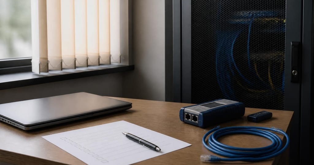 Birou de audit IT cu tester de retea si dulap de comunicatii alaturi