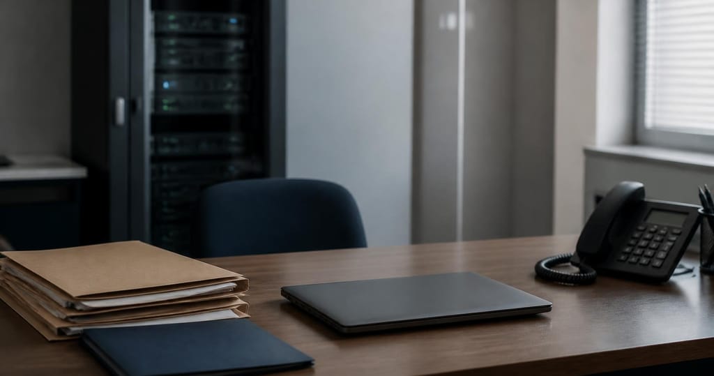 Birou administrativ cu dosare si server ERP in camera tehnica alaturata