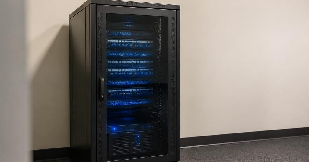 Rack de servere inchis dintr-o firma mica administrat prin externalizare IT