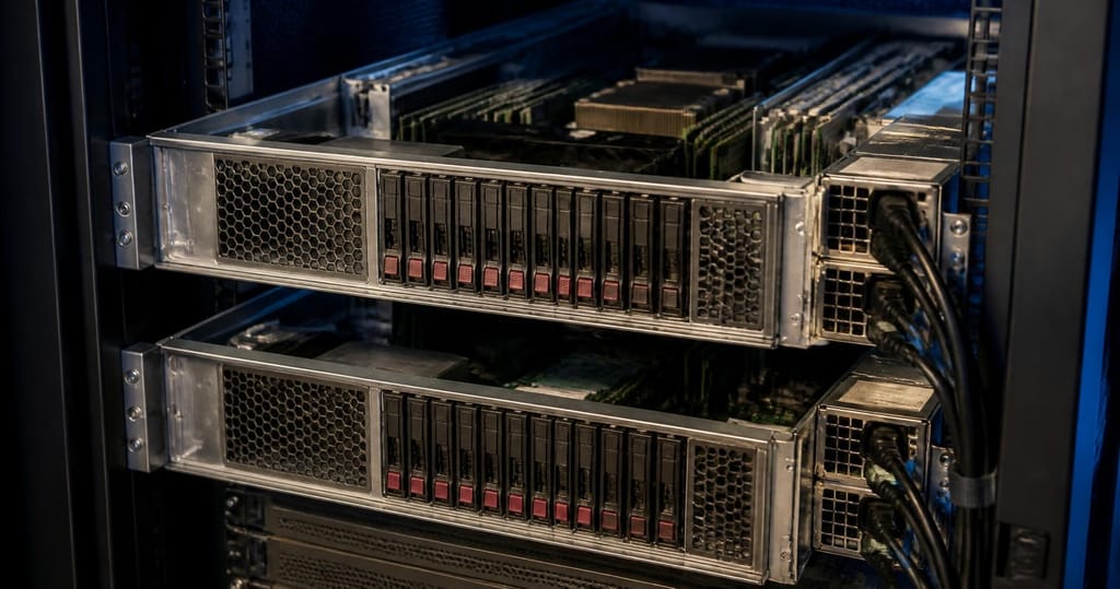 Doua servere gazda de virtualizare Hyper-V cu sertare de discuri in rack