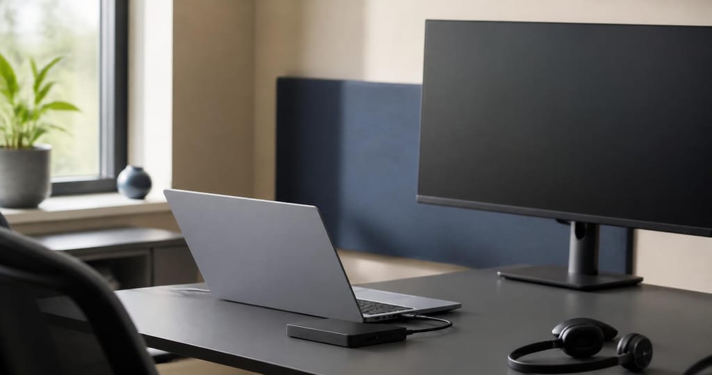 Statie de lucru cu laptop andocat si casca pentru colaborare in cloud