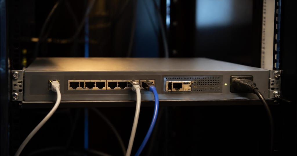 Router rackabil cu porturi ethernet si SFP montat in dulapul de retea