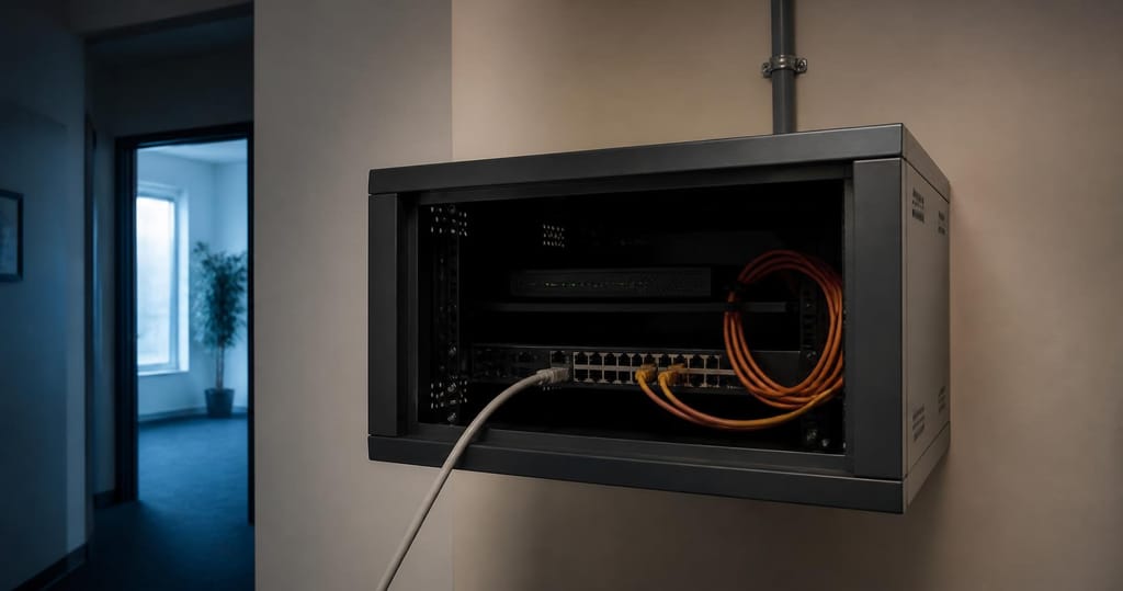 Cabinet de retea pe perete intr-un punct de lucru conectat prin VPN site-to-site