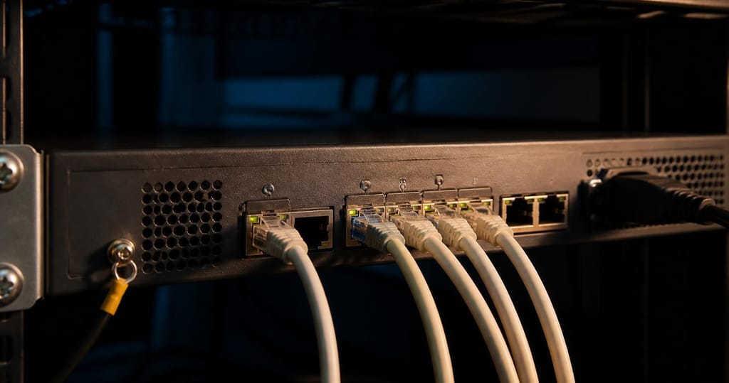 Spatele unui router cu porturi WAN si LAN conectate pentru tuneluri IPsec