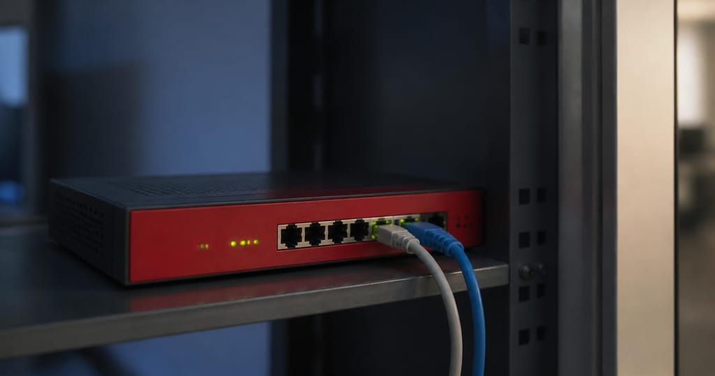 Firewall desktop rosu montat pe raftul cabinetului de retea al unui birou
