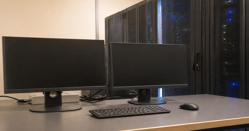 Statie de monitorizare cu doua monitoare langa rackurile de servere